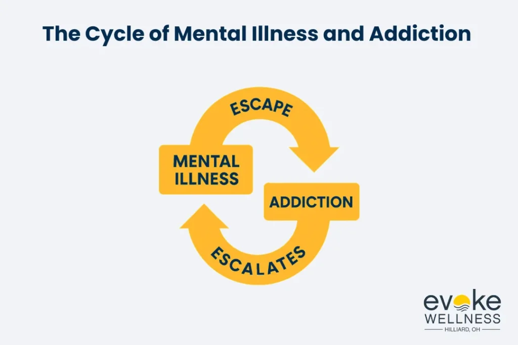 the cycle of dual diagnosis. the desire to escape mental illness leads to addiction, which in turn escalates mental illness.